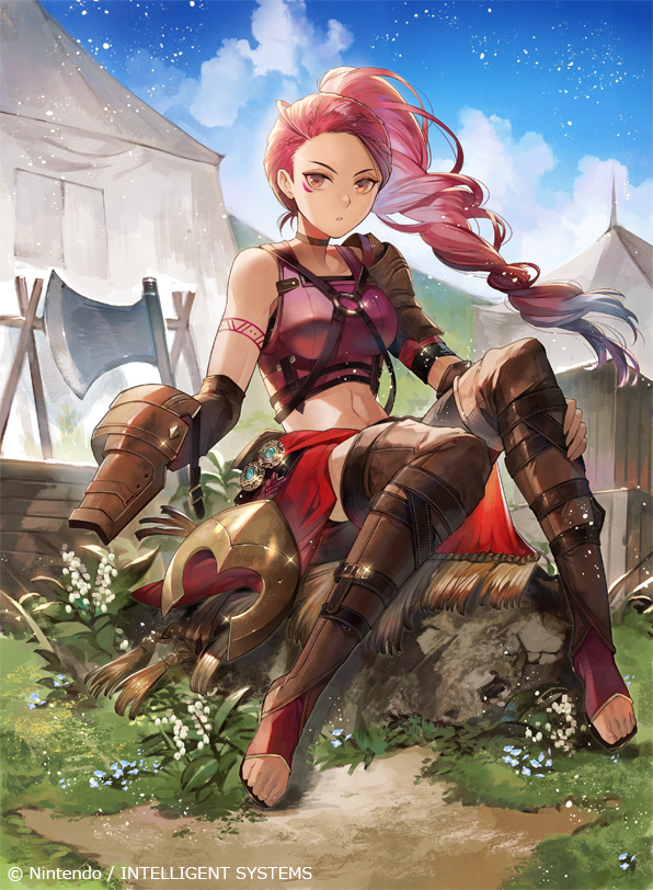 1girl axe blue_sky brown_eyes clouds company_name copyright_request day fire_emblem fire_emblem:_three_houses fire_emblem_cipher full_body grass kyouka_hatori long_hair official_art outdoors parted_lips petra_macneary ponytail purple_hair rock sitting sky solo tent