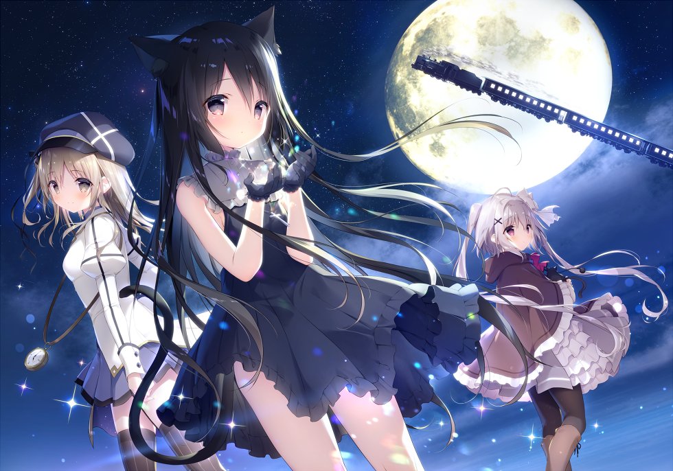 3girls animal_ears bangs bare_shoulders black_dress black_gloves black_hair black_legwear blue_skirt blush boots bow brown_cloak brown_eyes brown_footwear brown_hair cat_ears cat_girl cat_tail cloak closed_mouth commentary_request cross-laced_footwear dress eyebrows_visible_through_hair flying full_moon gloves green_hair grey_eyes grey_skirt ground_vehicle hair_between_eyes hair_bow hood hood_down hooded_cloak juliet_sleeves knee_boots lace-up_boots long_sleeves moon multiple_girls night night_sky original outdoors pantyhose pleated_skirt pocket_watch puffy_sleeves red_eyes shiratama_(shiratamaco) shirt skirt sky sleeveless sleeveless_dress smile striped striped_legwear tail tail_raised thigh-highs train twintails vertical-striped_legwear vertical_stripes watch white_bow white_shirt