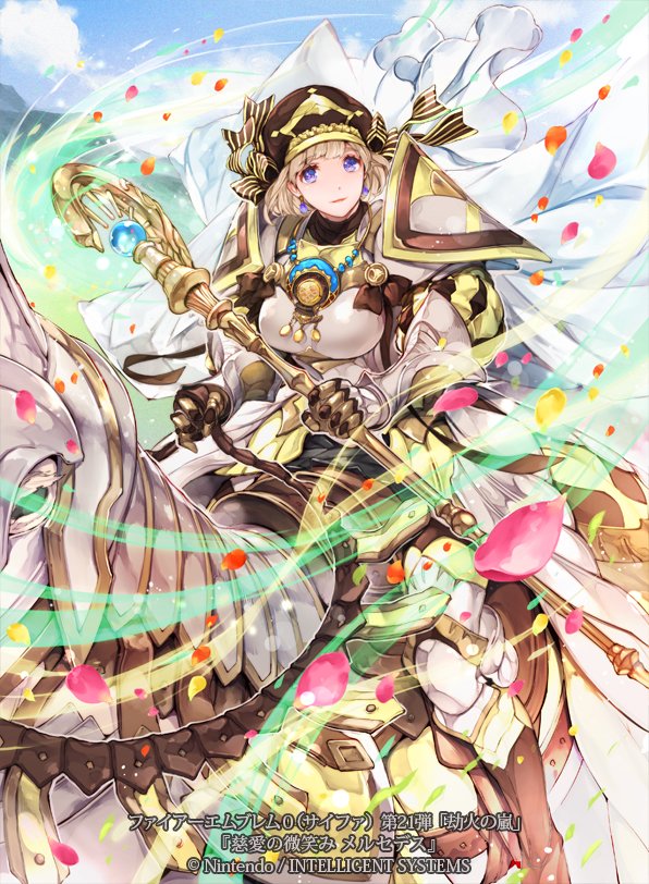 1girl blonde_hair blue_sky clouds company_name copyright_name day earrings fire_emblem fire_emblem:_three_houses fire_emblem_cipher hat holding holding_staff horse horseback_riding itou_misei jewelry mercedes_von_martritz official_art outdoors petals riding short_hair sky solo staff violet_eyes