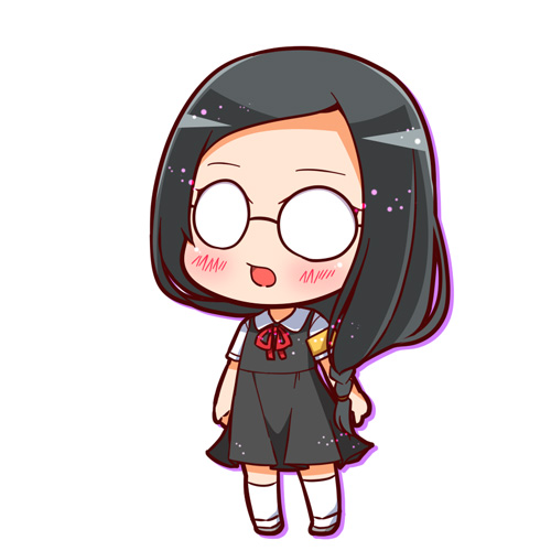 1girl :o armband black_hair blush braid chibi full_body glasses hidden_eyes kaguya-sama_wa_kokurasetai_~tensai-tachi_no_renai_zunousen~ lowres osaragi_kobachi shuujin_academy_uniform simple_background solo suntail white_background