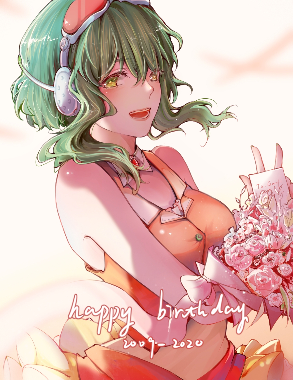 1girl birthday_card bouquet commentary crop_top flower goggles goggles_on_head green_eyes green_hair green_nails gumi happy_birthday headphones highres holding holding_bouquet lips looking_at_viewer nail_polish open_mouth orange_shirt orange_skirt pink_flower red_goggles rose shirt short_hair_with_long_locks sidelocks sideways_glance skirt smile solo stepcacc upper_body vocaloid w