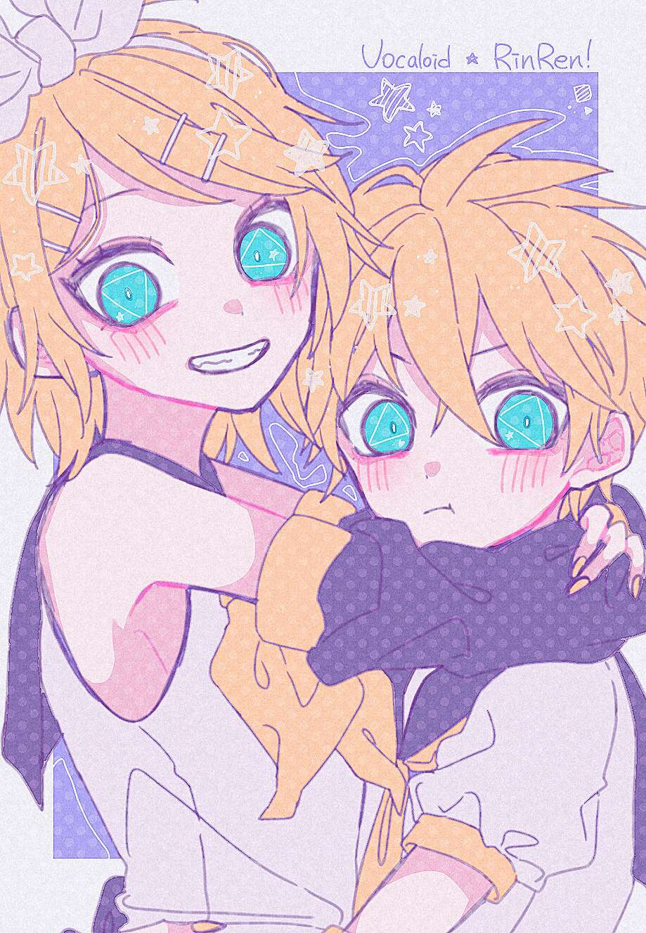 1boy 1girl aqua_eyes blonde_hair blush bow brother_and_sister copyright_name hair_bow hair_ornament hairband hairclip halftone highres kagamine_len kagamine_rin looking_at_viewer milk_o neckerchief parted_lips sailor_collar shirt short_hair short_sleeves siblings sleeveless smile star_(symbol) twins upper_body vocaloid white_bow white_hairband white_shirt yellow_eyes yellow_neckwear