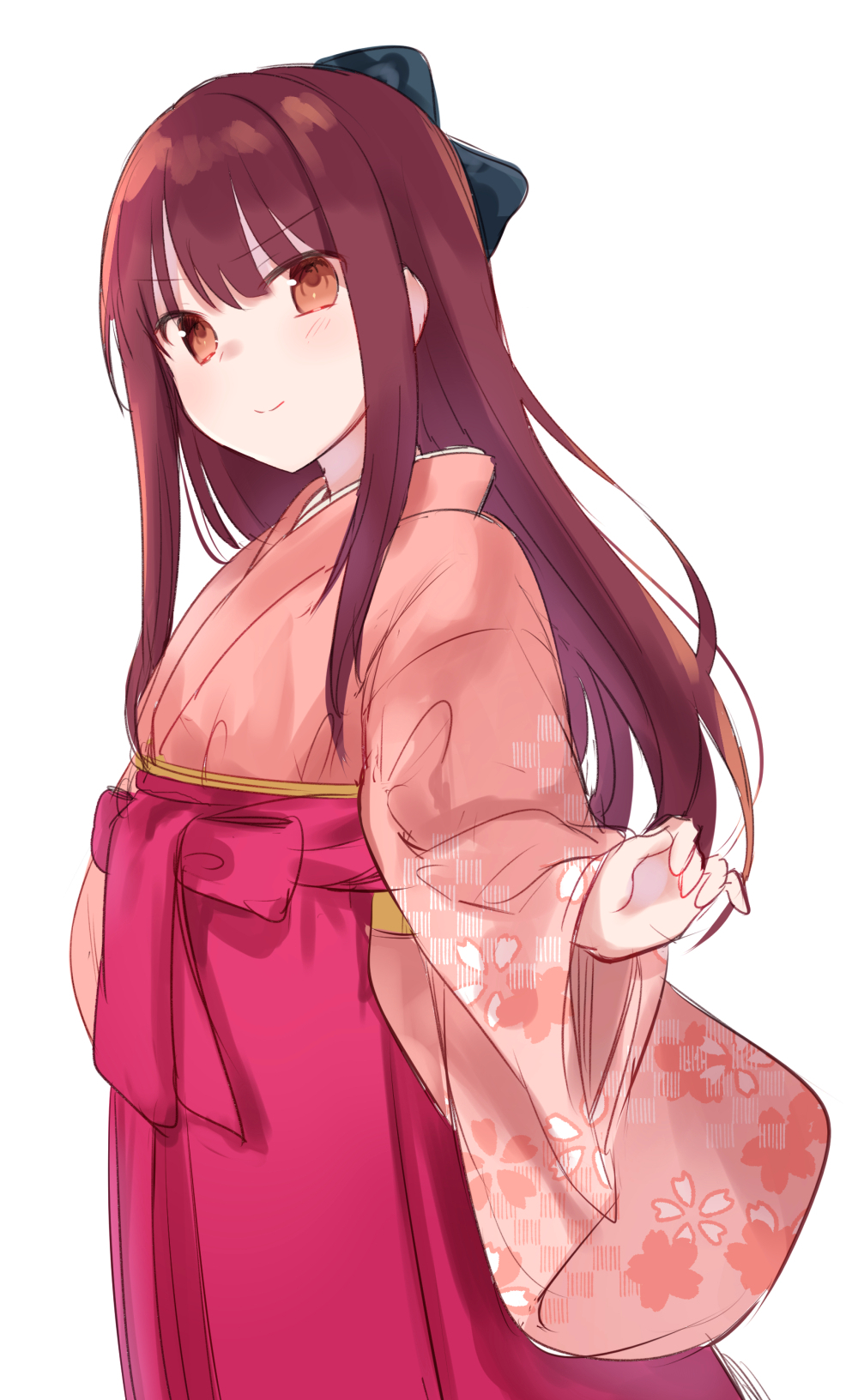 1girl bangs black_bow blush bow brown_eyes brown_hair brown_kimono cherry_blossom_print chiune_(yachi) closed_mouth eyebrows_visible_through_hair floral_print hair_bow hakama highres japanese_clothes kimono long_hair long_sleeves looking_at_viewer madenokouji_asahi pink_hakama print_kimono simple_background smile solo tsumugu_otome_to_taishou_no_tsuki very_long_hair white_background wide_sleeves