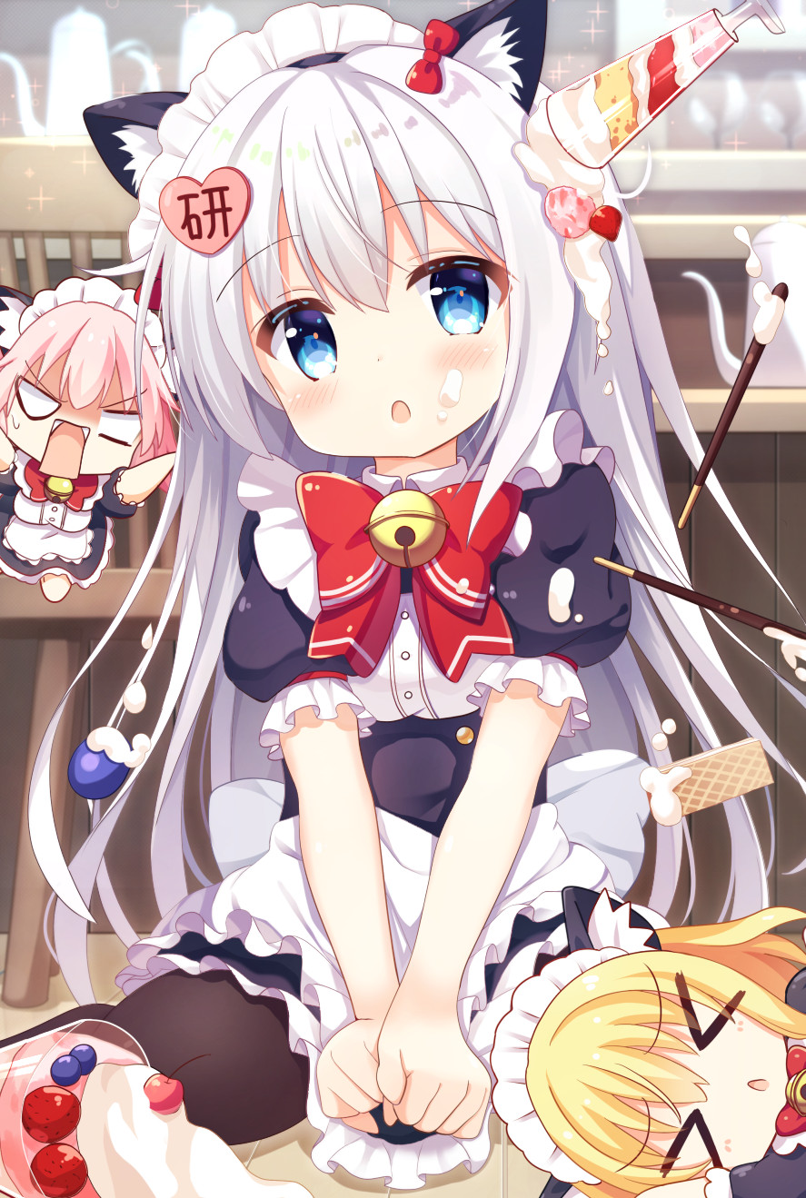 &gt;_&lt; 3girls animal_ear_fluff animal_ears apron bell black_dress black_legwear blonde_hair blue_eyes bow cat_ears chibi commentary_request dress fake_animal_ears fallen_down food food_on_face food_on_head fruit highres ice_cream jingle_bell kotoriifu long_hair lying maid_cafe maid_headdress multiple_girls object_on_head on_side open_mouth original pantyhose pink_hair ribbon short_hair shouting silver_hair strawberry v_arms waist_apron waitress