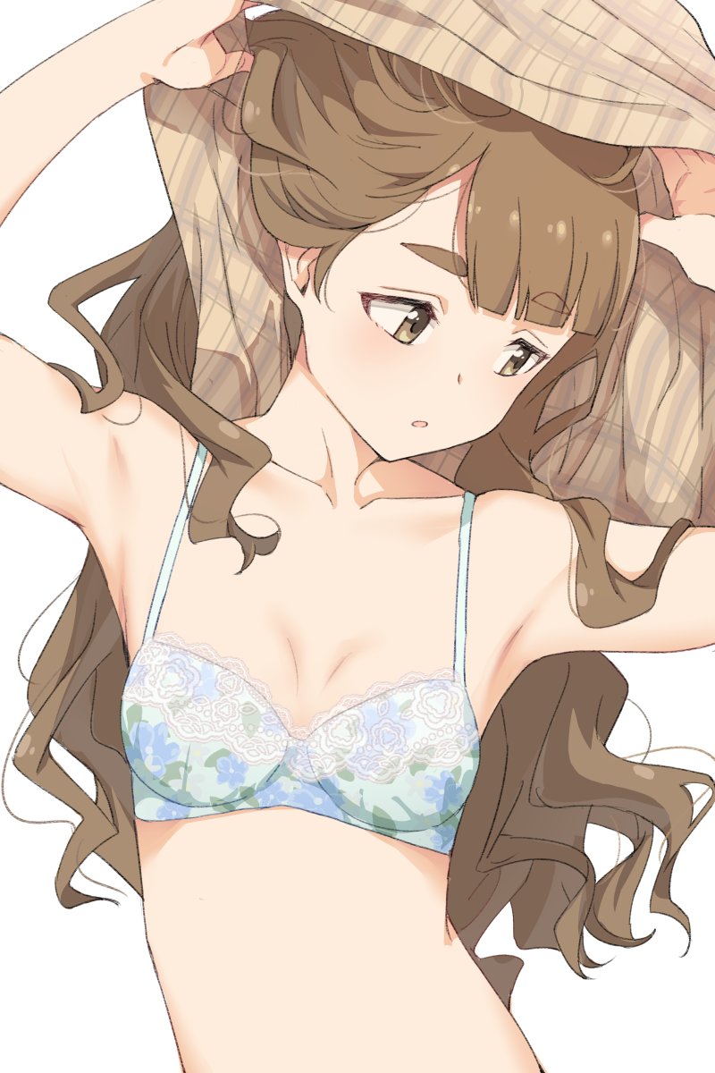 1girl aqua_bra armpits arms_up bangs bare_shoulders bra breasts brown_eyes brown_hair brown_shirt collarbone commentary_request eyebrows_visible_through_hair floral_print head_tilt highres hiroki_(yyqw7151) idolmaster idolmaster_million_live! lace lace-trimmed_bra light_blush long_hair looking_away looking_down miyao_miya parted_lips plaid plaid_shirt print_bra shirt simple_background small_breasts solo thick_eyebrows underwear undressing upper_body wavy_hair white_background