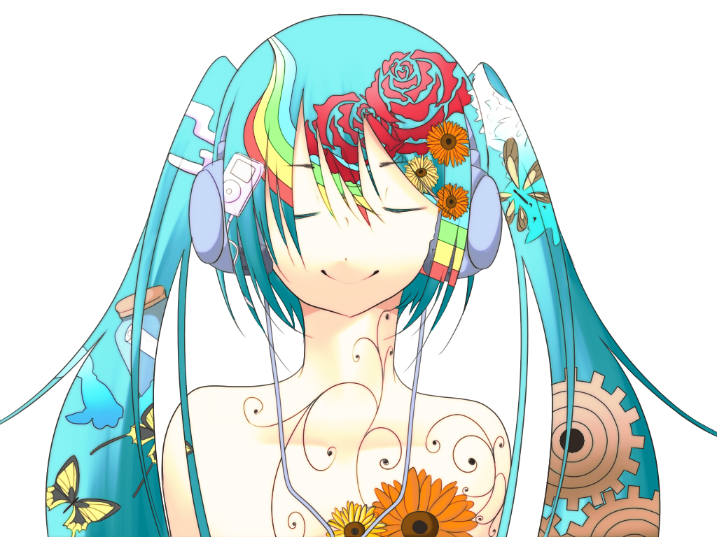 butterfly closed_eyes flower gears hatsune_miku headphones patterned rainbow smile twintails vocaloid white