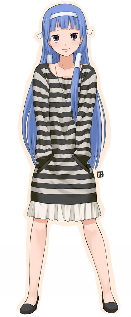 1girl blunt_bangs blush hair_tubes kannagi long_hair nagi nagian shirt skirt striped striped_shirt