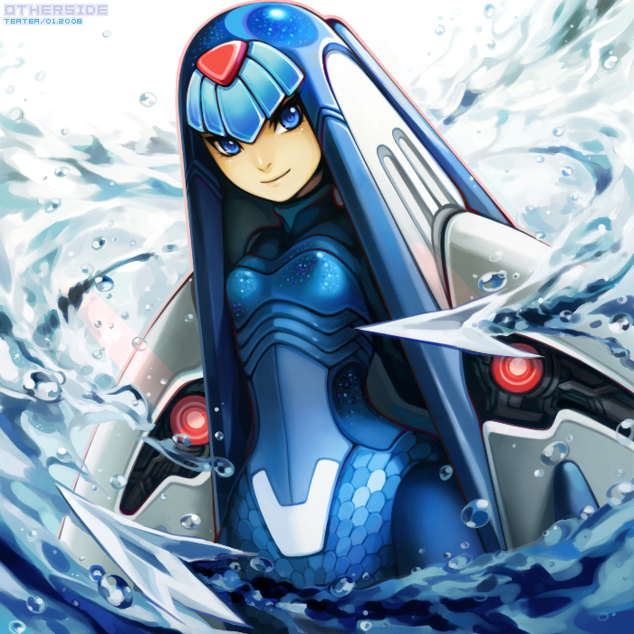 blue blue_eyes blue_hair blush capcom fairy_leviathan female girl guardian_of_the_sea guardians_of_master_x guardians_of_neo_arcadia gynoid helmet leviathan leviathan_(megaman) leviathan_(rockman) long_hair mecha_musume megaman_zero mmz neo_arcadia polearm reploid rmz robot rockman rockman_zero sokobe_hiyori teatea water woman