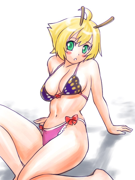 1girl ahoge antennae arm_support barefoot bikini blonde_hair blush breasts female green_eyes insect_girl leaning_back monster_girl navel shimon shimotsuma short_hair simple_background solo source_request swimsuit ueyama_michirou white_background