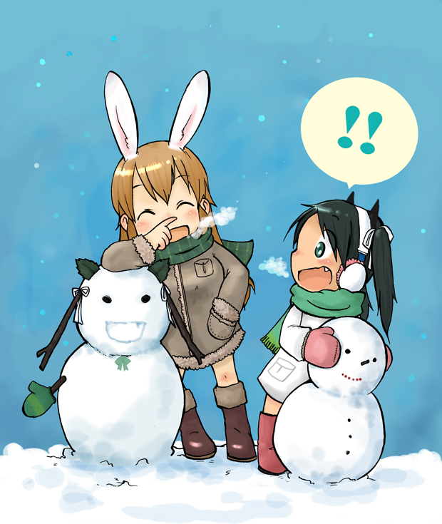 animal animal_ears boss_(artist) bunny_ears charlotte charlotte_e_yeager chibi coat e earmuffs ears francesca francesca_lucchini lucchini multiple_girls rabbit scarf snow snowman strike strike_witches witches yeager