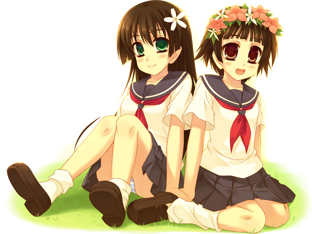 2girls brown_eyes brown_hair brown_shoes flower grass green_eyes open_mouth outdoors pantyshot saten_ruiko school_uniform serafuku shoes short_hair sitting smile socks striped_underwear tagme to_aru_kagaku_no_railgun uiharu_kazari white_legwear white_socks