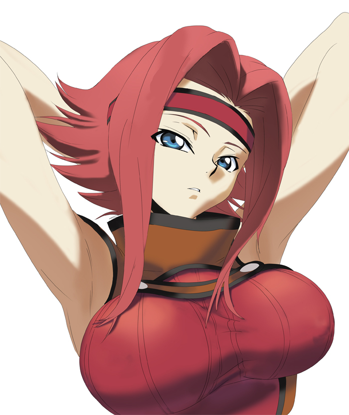 arms_behind_head arms_up blue_eyes breasts bust code_geass headband huge_breasts kallen_stadtfeld large_breasts payot red_hair short_hair simple_background sleeveless sleeveless_turtleneck solo taut_shirt turtleneck