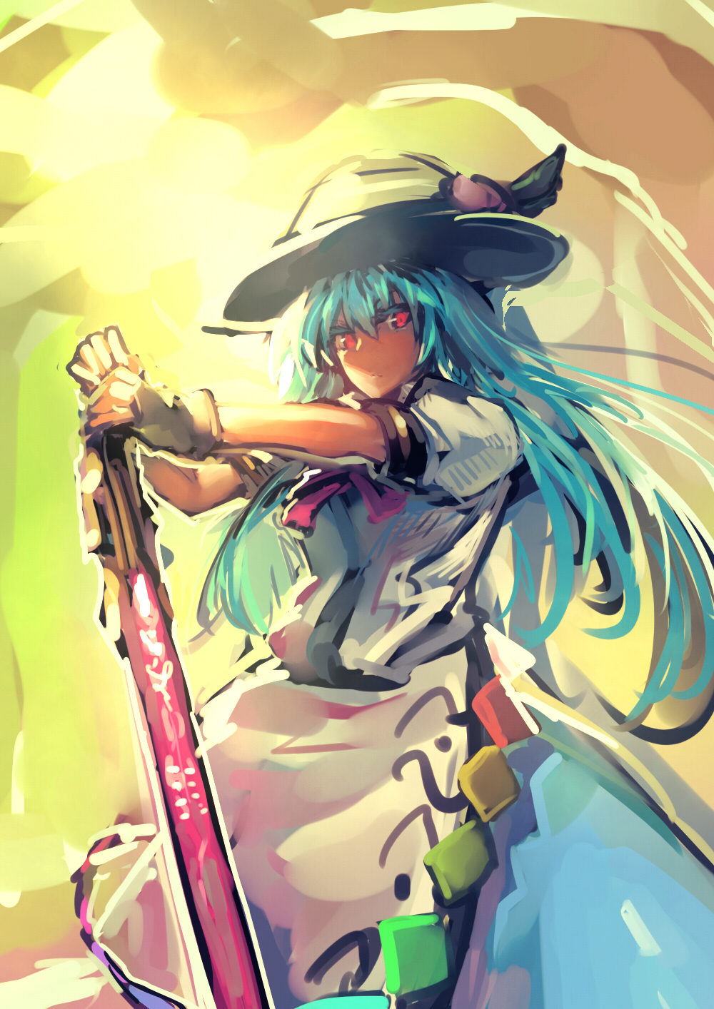 1girl blue_hair bust food fruit glaring gloves hat highres hinanawi_tenshi holding long_hair looking_at_viewer outstretched_arms peach planted_sword planted_weapon puffy_short_sleeves puffy_sleeves red_eyes serious short_sleeves skirt solo sunlight sword sword_of_hisou temmasa22 touhou weapon yellow_background