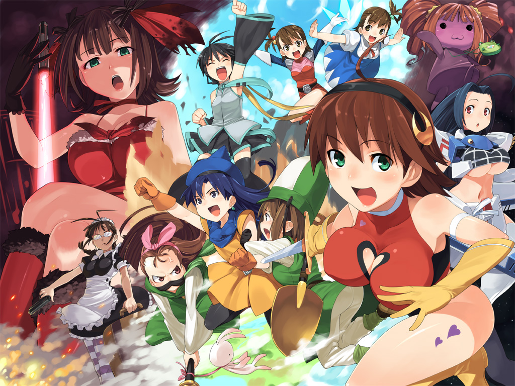 akizuki_ritsuko alena alena_(cosplay) amami_haruka antenna_hair awakened_miki black_hair black_lagoon blue_eyes blue_hair breasts brown_hair bunny cirno cirno_(cosplay) cleavage_cutout clenched_hands clift clift_(cosplay) cosplay crossed_legs cute_&amp;_girly_(idolmaster) cutie_honey cutie_honey_(character) cutie_honey_(cosplay) dark_haruka dragon_quest dragon_quest_iv elbow_gloves energy_sword everyone f91_gundam futami_ami futami_mami glasses gloves green_eyes gun gundam gundam_f91 hagiwara_yukiho hat hatsune_miku heart heart_cleavage_cutout hoshii_miki idolmaster kikuchi_makoto kisaragi_chihaya large_breasts lightsaber magical_girl maid mecha_musume minase_iori miura_azusa multiple_girls opaque_glasses pantyhose parody pink_eyes raised_fist red_eyes roberta roberta_(cosplay) short_hair shue sitting skirt striped striped_legwear sword takatsuki_yayoi thighhighs touhou twintails underboob vocaloid weapon wonder_momo yayoi_creature