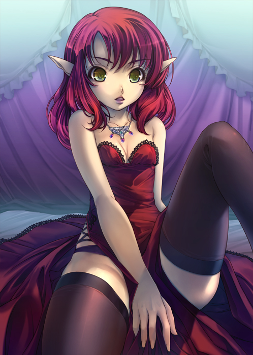 bare_shoulders bed breasts cleavage dress elf gothic green_eyes leg_up lips manchester_united necklace original panties personification pointy_ears red_dress red_hair short_hair sitting skirt soccer solo spread_legs thigh_highs thighhighs underwear yoko_juusuke
