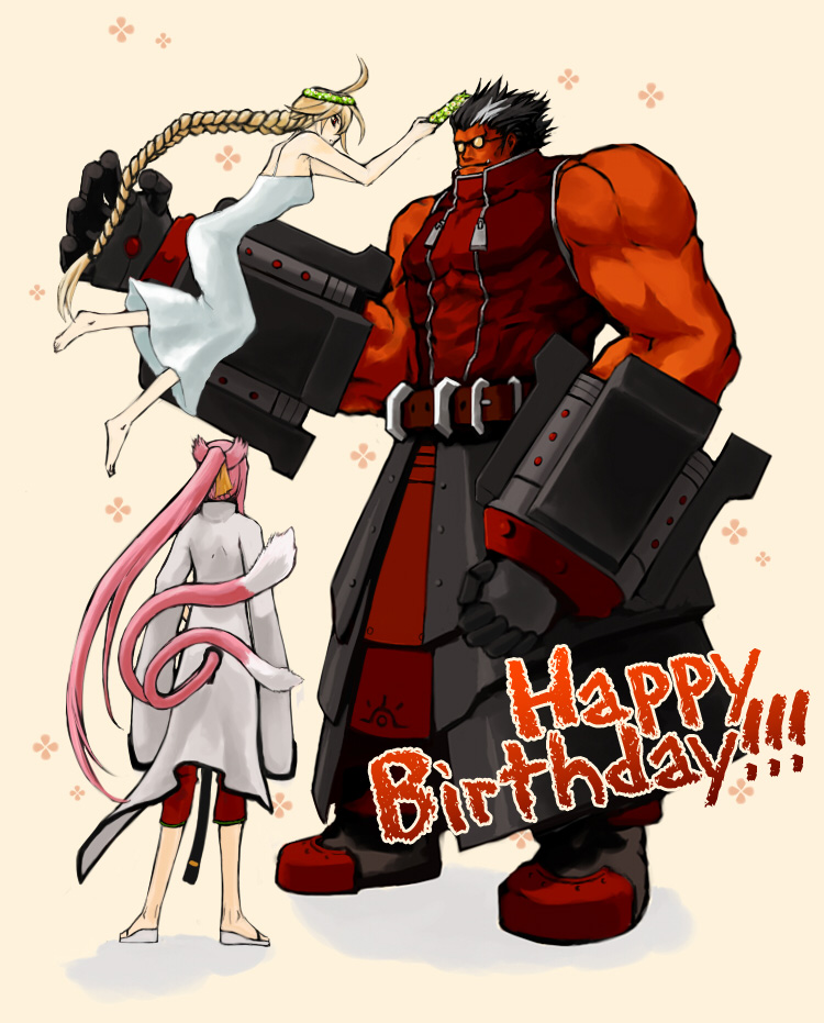 1boy 2girls ahoge animal_ears barefoot black_hair blazblue braid capri_pants cat_ears cat_tail dress fangs faulds flats flower happy_birthday height_difference huge_ahoge iron_tager kokonoe labcoat lambda-11 long_hair mechanical_arms multiple_girls multiple_tails muscle noco pink_hair ponytail red_eyes red_skin single_braid size_difference small_breasts streaked_hair sundress sunglasses tail very_long_hair white_dress wreath