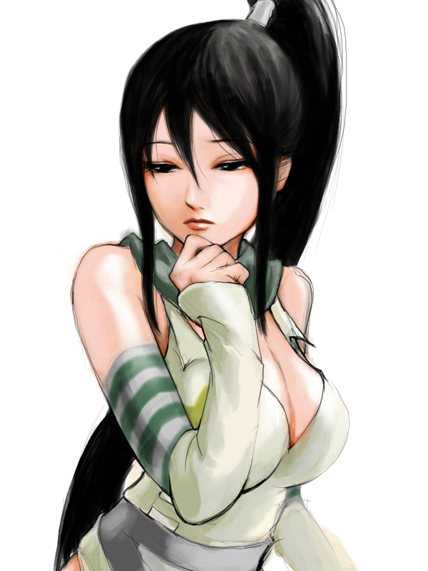 black_hair breasts cleavage detached_sleeves elbow_gloves long_hair nakatsukasa_tsubaki ninja ponytail skirt sonik soul_eater tsubaki_nakatsukasa