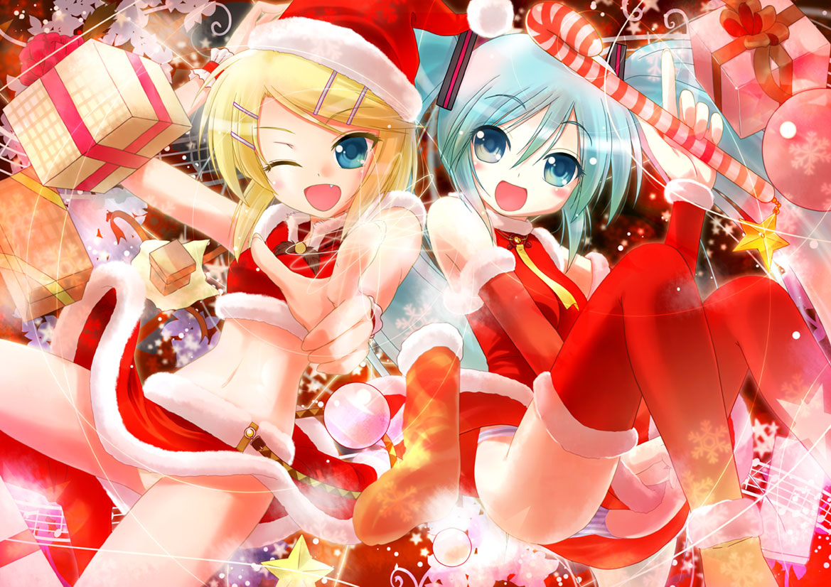 2girls :d aqua_hair bare_shoulders blonde_hair blue_eyes candy_cane christmas eyebrows_visible_through_hair fang gift hairclip hatsune_miku kagamine_rin looking_at_viewer midriff multiple_girls navel one_eye_closed open_mouth panties porurin_(do-desho) santa_costume striped_panties thighhighs underwear upskirt vocaloid wink