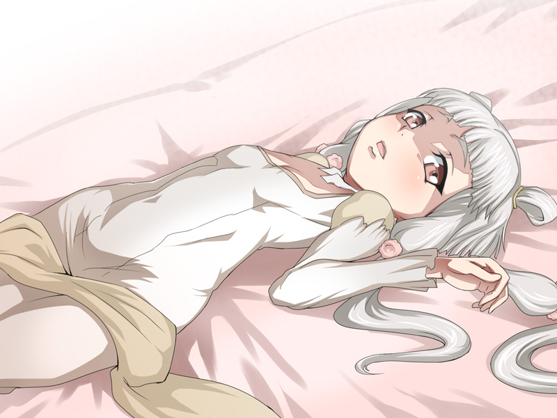 :o bed blush child choker code_geass dress embarrassed flat_chest flower hair_flower hair_ornament loli long_hair lying on_back open_mouth pink_eyes quad_tails rose silver_hair solo tianzi