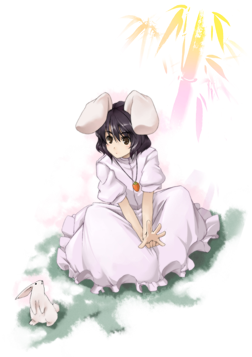bamboo black_hair brown_eyes bunny bunny_ears dress hands highres inaba_tewi jewelry outstretched_hand pendant rabbit rabbit_ears simple_background sitting solo touhou tsukinami tsukinami_kousuke v_arms