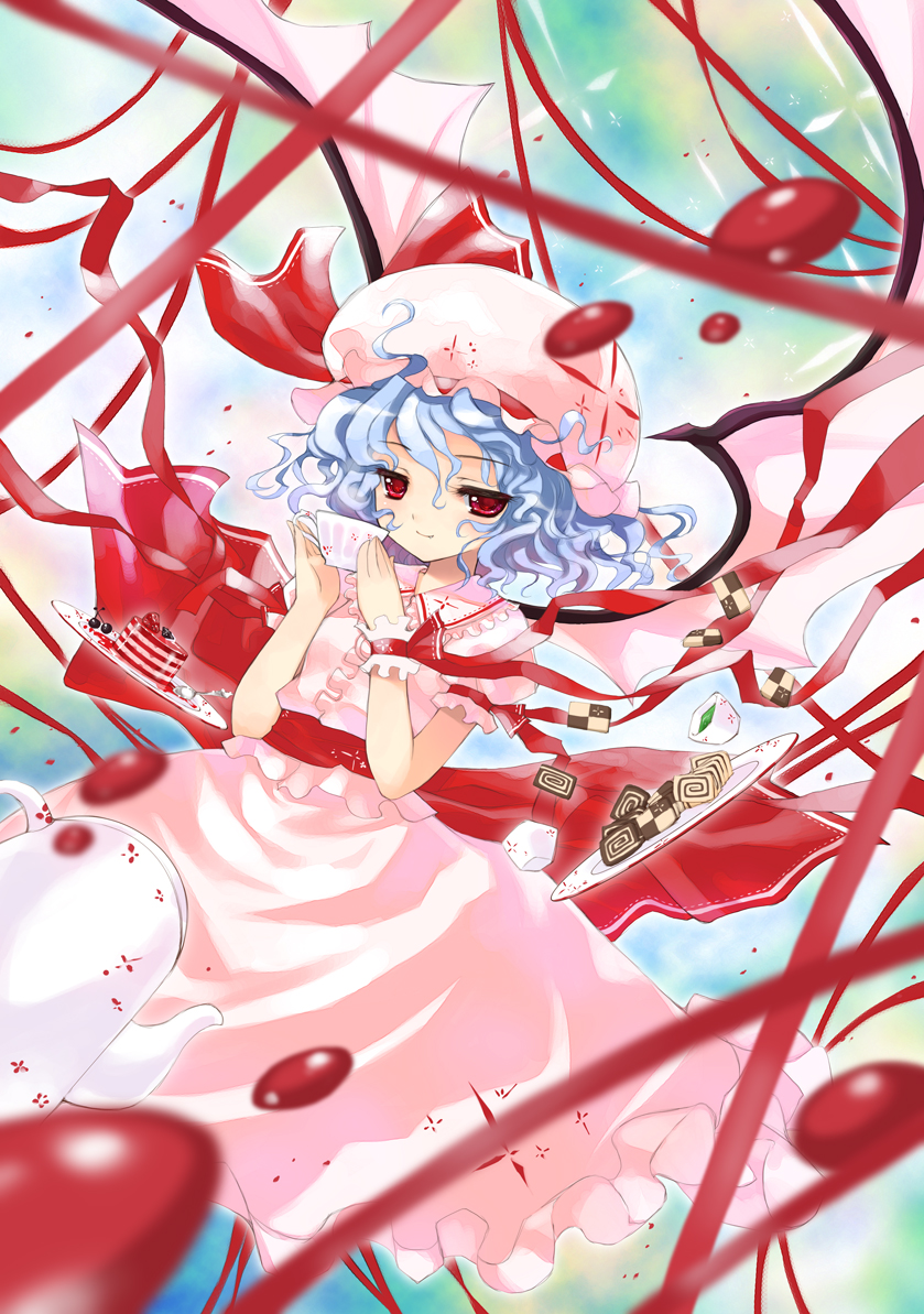 achunchun blood blue_hair blurry checkerboard_cookie chun_(friendly_sky) chun_(pixiv75764) cookie cup depth_of_field embellished_costume fang floating_object food frills hat pink red_eyes remilia_scarlet ribbon ribbons short_hair skirt skirt_set smile solo sweets teacup touhou wavy_hair wings