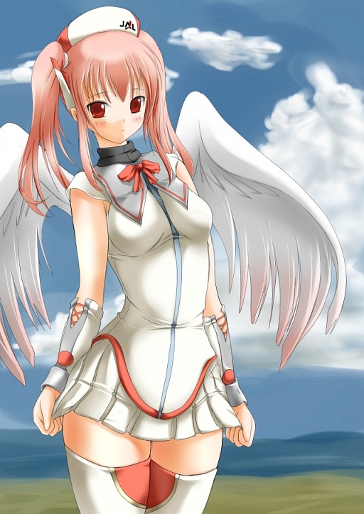blush bow japan_air_lines japan_airlines personification quad_tails skirt sky thigh-highs thighhighs uniform wings zettai_ryouiki