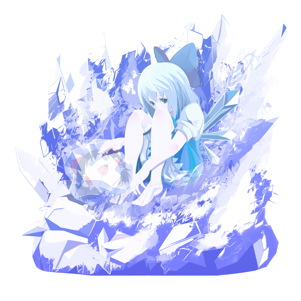 blue_eyes blue_hair body_blush bow cirno frozen hair_bow hakurei_reimu ice knees_on_chest large_bow ribbon sitting touhou tsukumo yukkuri_shiteitte_ne