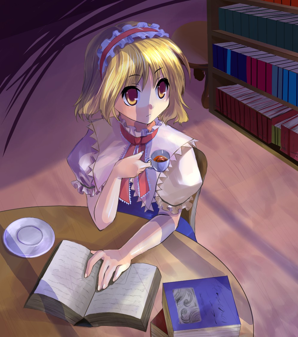 blonde_hair book bookshelf brown_eyes capelet cup from_above hairband kobanzame open_book reading short_hair sitting solo table teacup touhou yellow_eyes