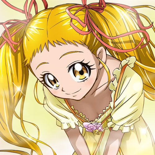 blonde_hair casual down_blouse dress flat_chest haruyama kasugano_urara lowres precure pretty_cure twintails yellow yellow_background yellow_dress yellow_eyes yes!_precure_5 yes!_pretty_cure_5