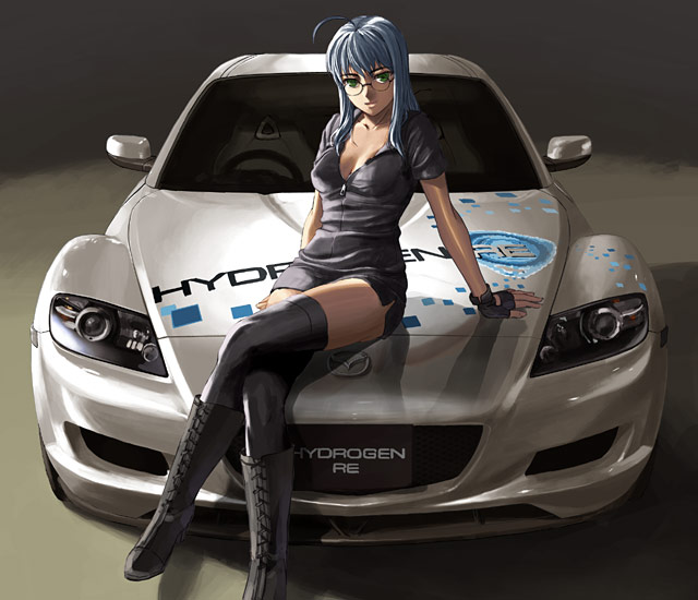 ahoge arm_support blue_hair boots breasts car cleavage crossed_legs fingerless_gloves glasses gloves green_eyes legs mazda mazda_rx-8 miniskirt motor_vehicle sitting sitting_on_car skirt smile solo thighhighs vehicle zettai_ryouiki zipper