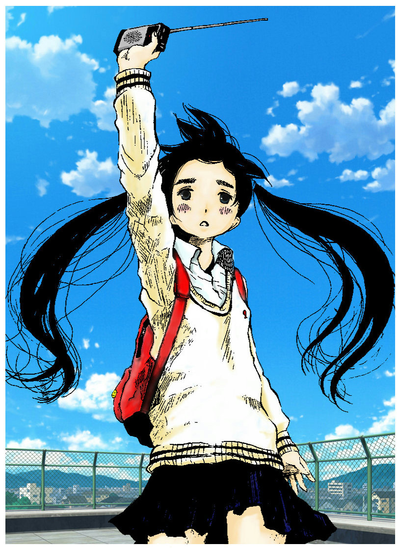 1girl :o arm_at_side arm_up black_eyes black_hair blue_skirt blue_sky blush border child city clouds collared_shirt cowboy_shot day dead_dead_demons_de_dedede_destruction fence long_hair long_sleeves looking_at_viewer millipen_(medium) nakagawa_ouran nearldy24 outdoors outstretched_arm pleated_skirt red_backpack school_uniform shirt skirt sky solo standing sunlight traditional_media twintails very_long_hair walkie-talkie white_border white_shirt wing_collar