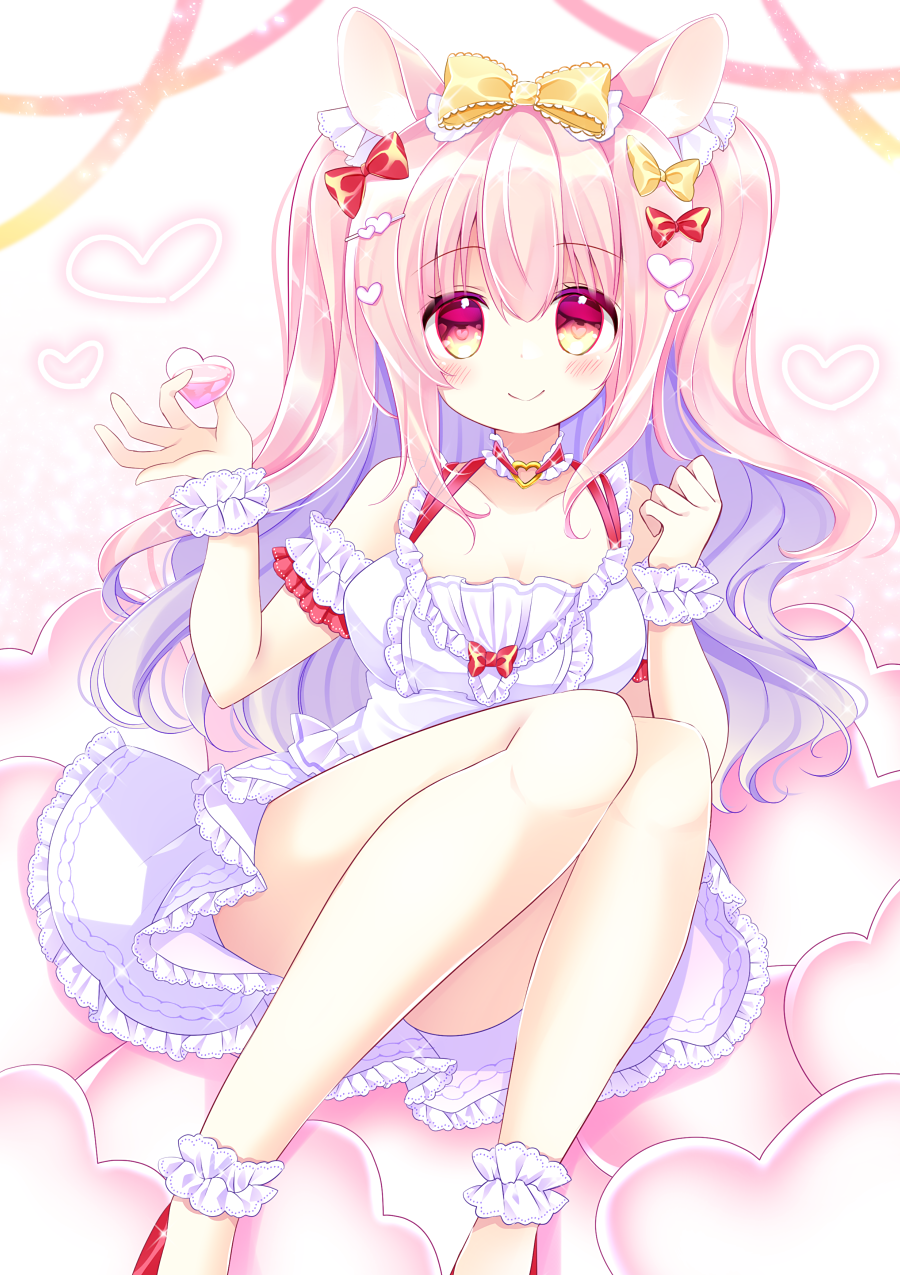 1girl animal_ears bangs bare_shoulders blush bow breasts closed_mouth commentary_request dress eyebrows_visible_through_hair feet_out_of_frame hair_between_eyes hair_bow hair_ornament hairclip hands_up heart heart_hair_ornament highres holding knees_up medium_breasts multicolored_hair original pink_hair purple_hair rabbit_ears red_bow red_eyes red_footwear shikito sleeveless sleeveless_dress smile solo two-tone_hair two_side_up white_dress wrist_cuffs yellow_bow