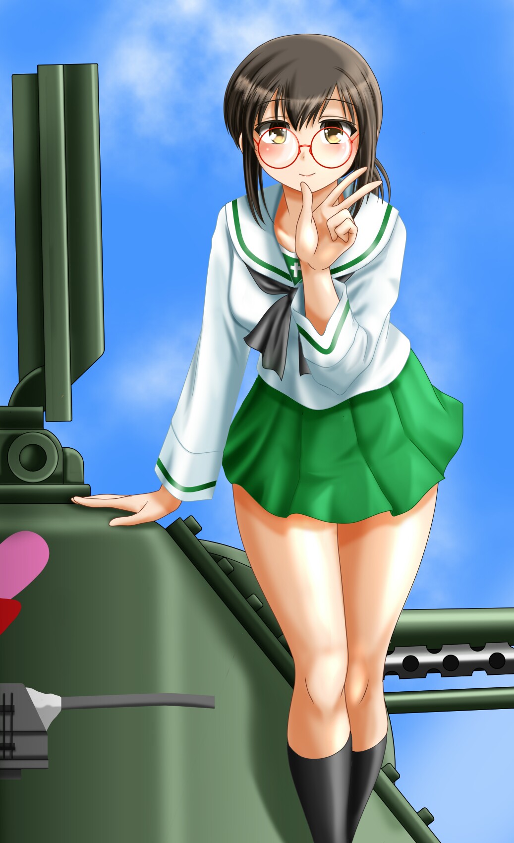 1girl bespectacled black_hair black_legwear black_neckwear blouse blue_sky brown_eyes clouds feet_out_of_frame fubuki_(kantai_collection) girls_und_panzer glasses green_skirt ground_vehicle highres kantai_collection kneehighs leaning_forward long_hair long_sleeves looking_at_viewer low_ponytail military military_vehicle moto_rom_moppara motor_vehicle neckerchief ooarai_school_uniform pleated_skirt ponytail red-framed_eyewear round_eyewear sailor_collar school_uniform serafuku short_ponytail sidelocks skirt sky solo standing tank v white_blouse white_sailor_collar