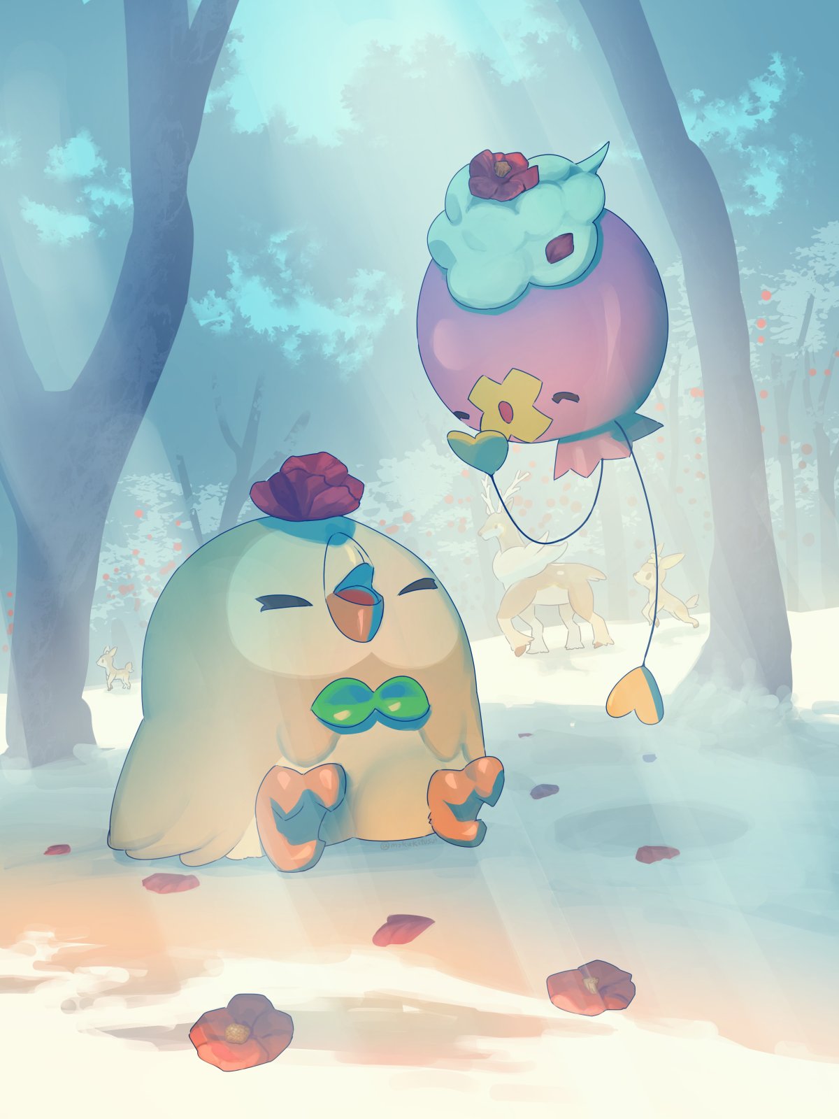 closed_eyes commentary_request day deerling drifloon highres mokukitusui no_humans open_mouth outdoors petals pokemon pokemon_(creature) rowlet sawsbuck sawsbuck_(winter) sitting smile tree walking