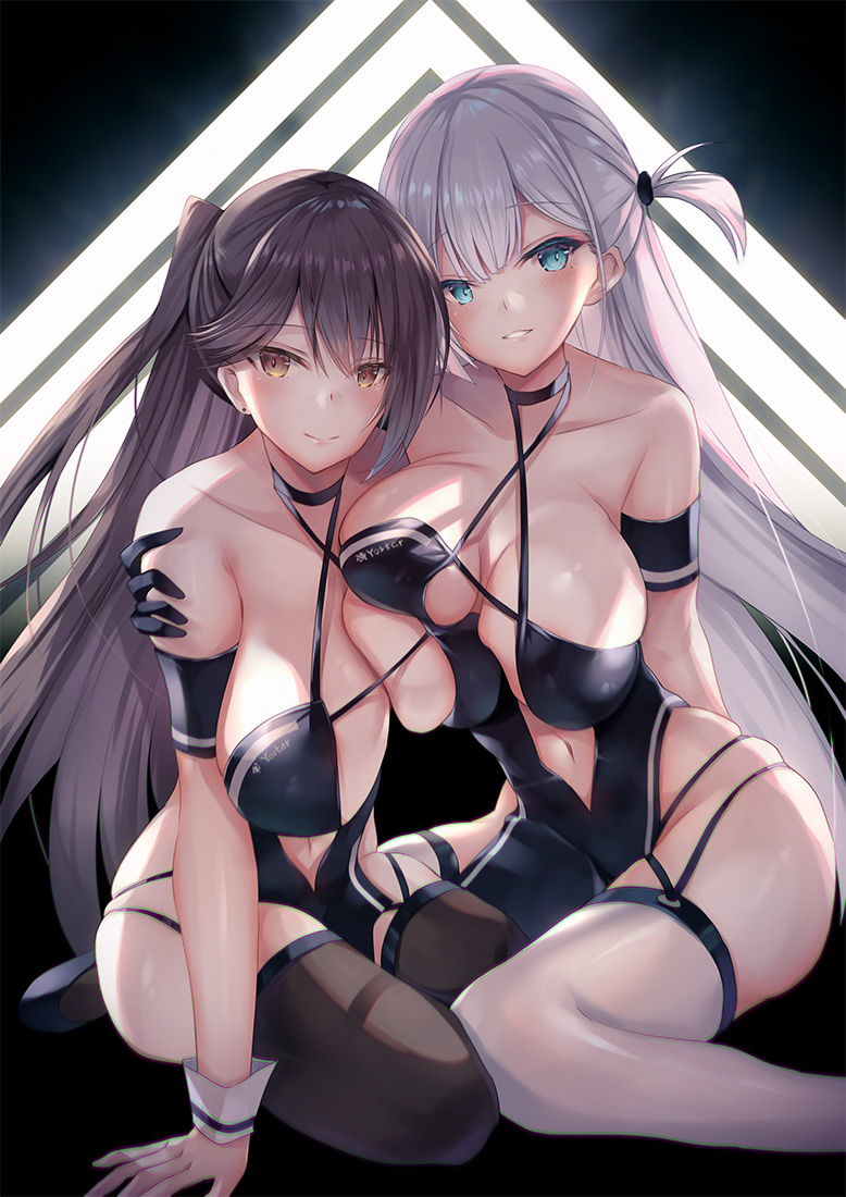 2girls azur_lane black_gloves black_hair black_legwear blue_eyes blush breast_press breasts brown_eyes closed_mouth collarbone commentary_request eyebrows_visible_through_hair gloves hand_on_another's_shoulder hinot kneeling large_breasts long_hair looking_at_viewer multiple_girls navel racequeen shoukaku_(azur_lane) side_ponytail thigh-highs white_hair white_legwear zuikaku_(azur_lane)