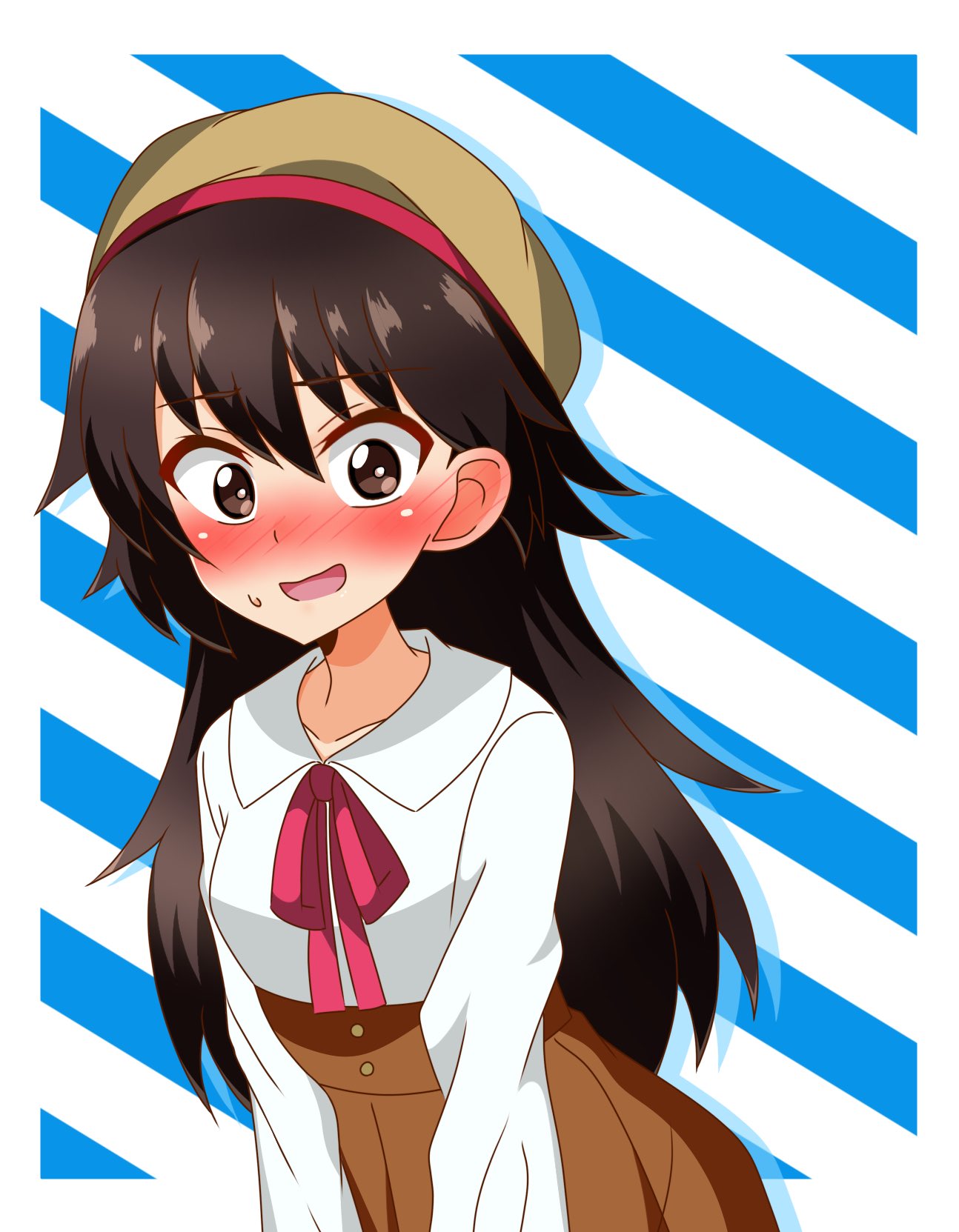 1girl alternate_hair_length alternate_hairstyle bangs beret blue_background blush brown_headwear brown_skirt casual collared_shirt commentary diagonal_stripes eyebrows_visible_through_hair girls_und_panzer hat high-waist_skirt highres isobe_noriko leaning_forward long_hair long_sleeves looking_at_viewer neck_ribbon open_mouth red_neckwear ribbon shirt silhouette skirt solo standing striped striped_background sweatdrop tanutika white_shirt wig