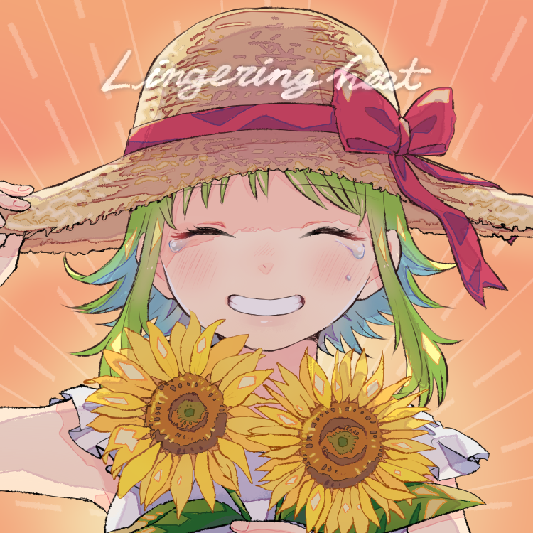 1girl bare_arms blush clenched_teeth close-up closed_eyes crying dot_nose english_text eyebrows_visible_through_hair face facing_viewer fingernails flower gradient gradient_background green_hair grin gumi hand_on_headwear hand_up happy hat holding holding_flower orange_background raputsue red_ribbon ribbon shadow short_hair short_hair_with_long_locks sidelocks simple_background smile solo straw_hat striped striped_background sun_hat sunflower tears teeth upper_body very_short_hair vocaloid yellow_flower
