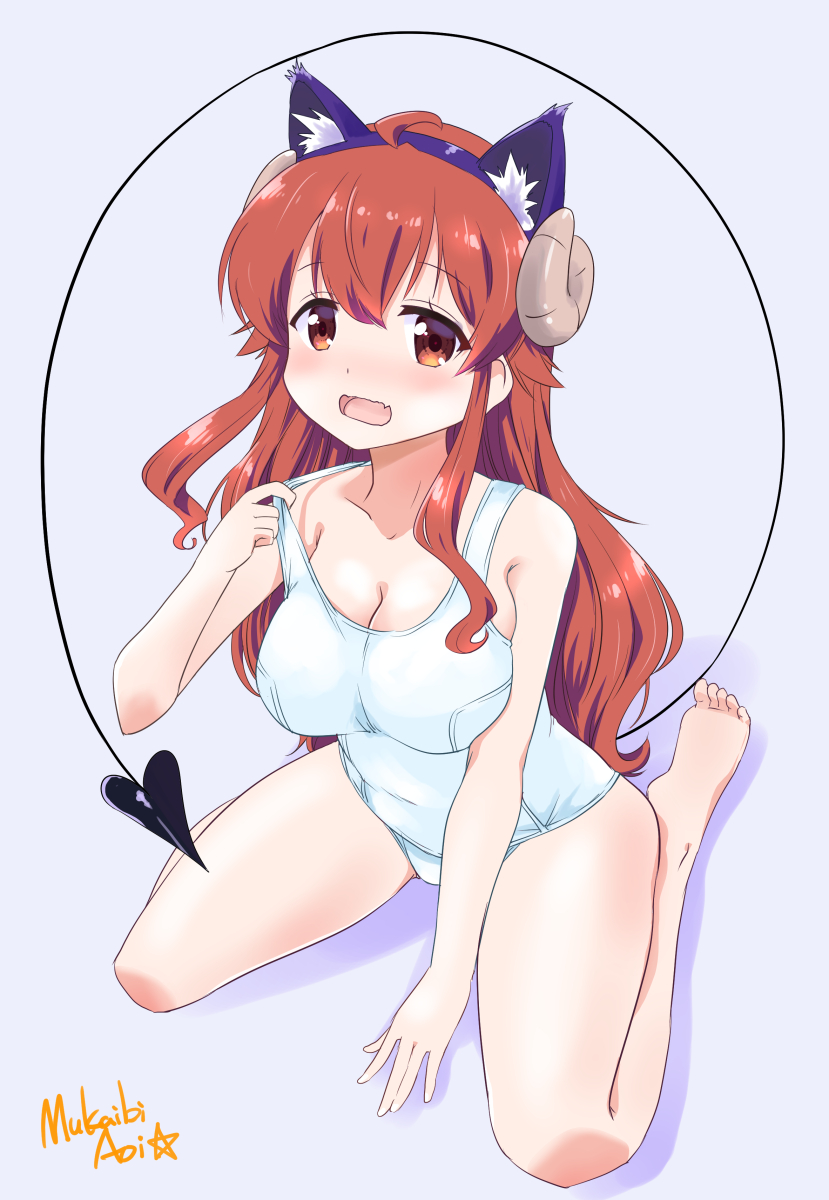 1girl ahoge animal_ears blush brown_hair curled_horns demon_girl demon_horns demon_tail eyebrows_visible_through_hair fake_animal_ears gobera highres horns long_hair looking_at_viewer machikado_mazoku one-piece_swimsuit open_mouth school_swimsuit solo swimsuit tail white_school_swimsuit white_swimsuit yoshida_yuuko_(machikado_mazoku)