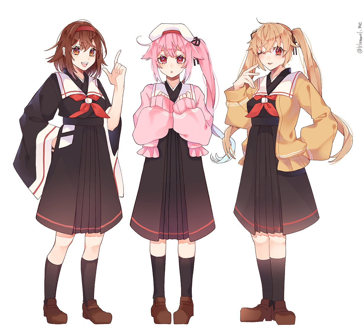 3girls ;p adapted_costume ahoge beret black_hakama black_legwear black_serafuku black_skirt blue_hair brown_eyes brown_footwear brown_hair flower full_body gradient_hair hair_flaps hair_flower hair_ornament hairband hakama hakama_skirt harusame_(kantai_collection) hat index_finger_raised japanese_clothes kantai_collection kozu_(bloomme1_me) light_brown_hair loafers long_hair looking_at_viewer multicolored_hair multiple_girls murasame_(kantai_collection) neckerchief one_eye_closed pink_hair red_eyes red_hairband red_neckwear school_uniform serafuku shiratsuyu_(kantai_collection) shoes short_hair side_ponytail simple_background skirt socks tongue tongue_out twintails twitter_username white_background white_headwear wide_sleeves