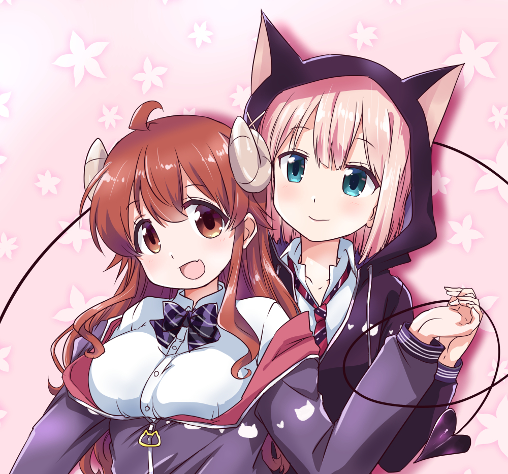 2girls ahoge animal_ears animal_hood blush brown_eyes brown_hair cat_ears chiyoda_momo curled_horns demon_girl demon_horns demon_tail eyebrows_visible_through_hair fang gobera hair_ornament hood hoodie horns jacket long_hair long_tail machikado_mazoku multiple_girls necktie open_mouth pink_background pink_hair shiny shiny_hair short_hair skin_fang tail yoshida_yuuko_(machikado_mazoku) yuri