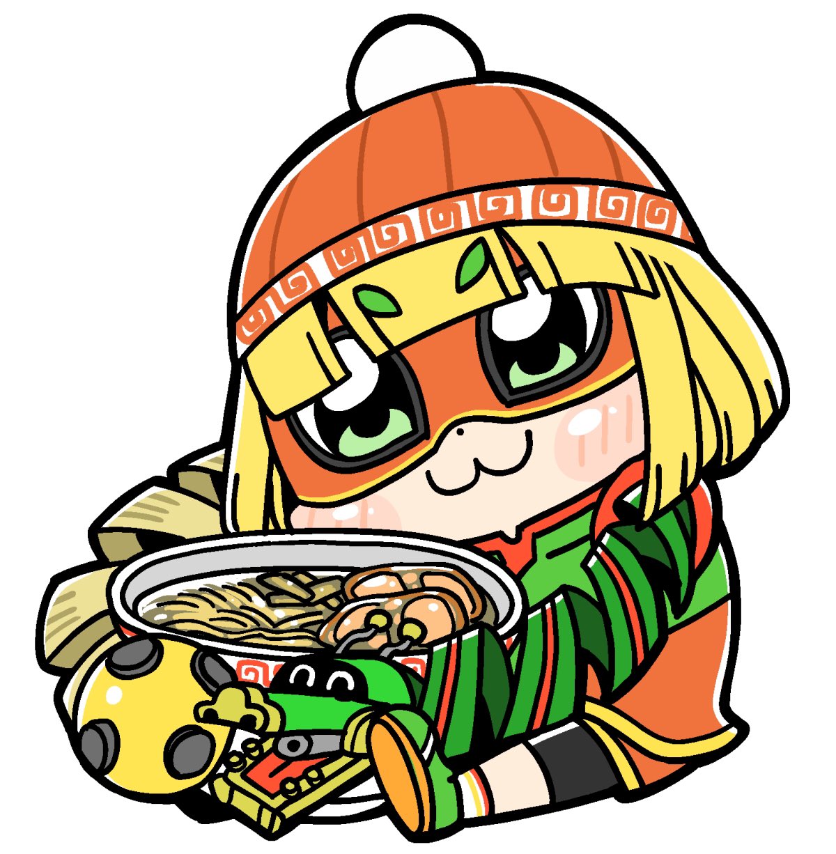 1girl :3 arms_(game) bangs beanie bkub blonde_hair blush bowl chibi commentary dragon_(arms) eyebrows_visible_through_hair eyebrows_visible_through_mask food full_body green_eyes hat highres holding holding_bowl knit_hat megawatt_(arms) min_min_(arms) noodles orange_headwear ramen simple_background sitting solo white_background