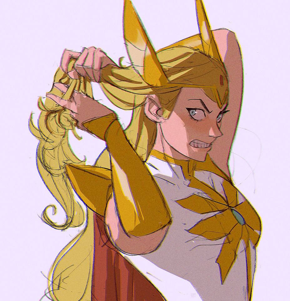 1girl angry blonde_hair blue_eyes bracer clenched_teeth grey_background hand_in_hair headdress headwear long_hair ramonn90 she-ra she-ra_and_the_princesses_of_power shoulder_pads solo teeth upper_body yellow_headwear