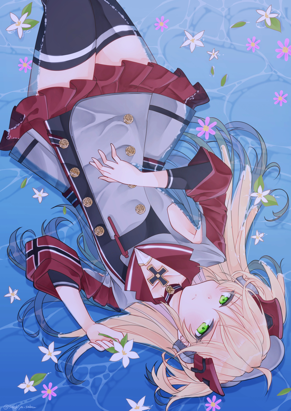 1girl :&lt; admiral_hipper_(azur_lane) ahoge arm_warmers armpit_cutout armpits azur_lane bangs black_legwear blonde_hair blush breasts choker closed_mouth collarbone commentary_request cowboy_shot double-breasted eyebrows_visible_through_hair flower flower_on_liquid green_eyes grey_shirt hair_between_eyes hand_on_own_stomach headgear highres iron_cross long_hair looking_at_viewer lying lying_on_water on_back partially_submerged pen pleated_skirt red_skirt saekiya_sabou shirt sidelocks skirt small_breasts solo thigh-highs twitter_username two_side_up water zettai_ryouiki