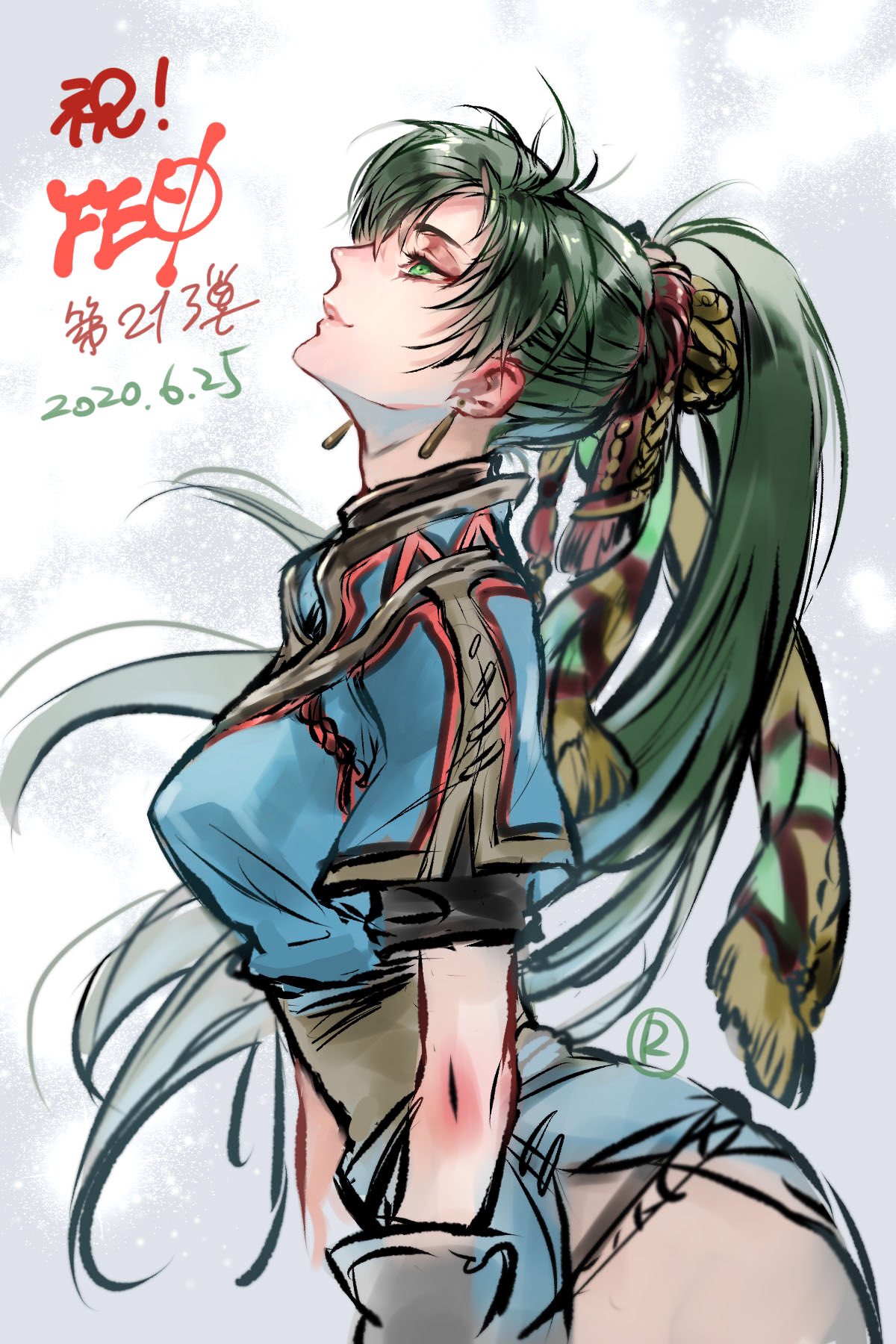 1girl closed_mouth copyright_name dated dress earrings fire_emblem fire_emblem:_the_blazing_blade fire_emblem_cipher from_side green_eyes green_hair highres jewelry long_hair lyn_(fire_emblem) ponytail short_sleeves solo suzuki_rika