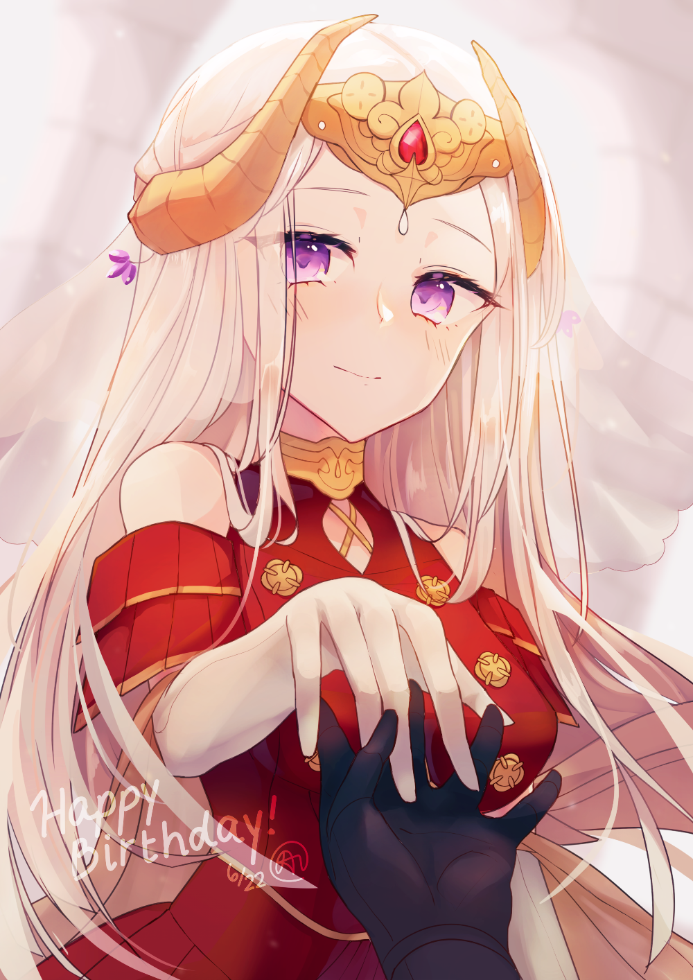 1girl aftergardens black_gloves closed_mouth dated edelgard_von_hresvelg fire_emblem fire_emblem:_three_houses gloves hair_down happy_birthday headpiece highres holding_hands horns long_hair smile solo_focus violet_eyes white_gloves white_hair