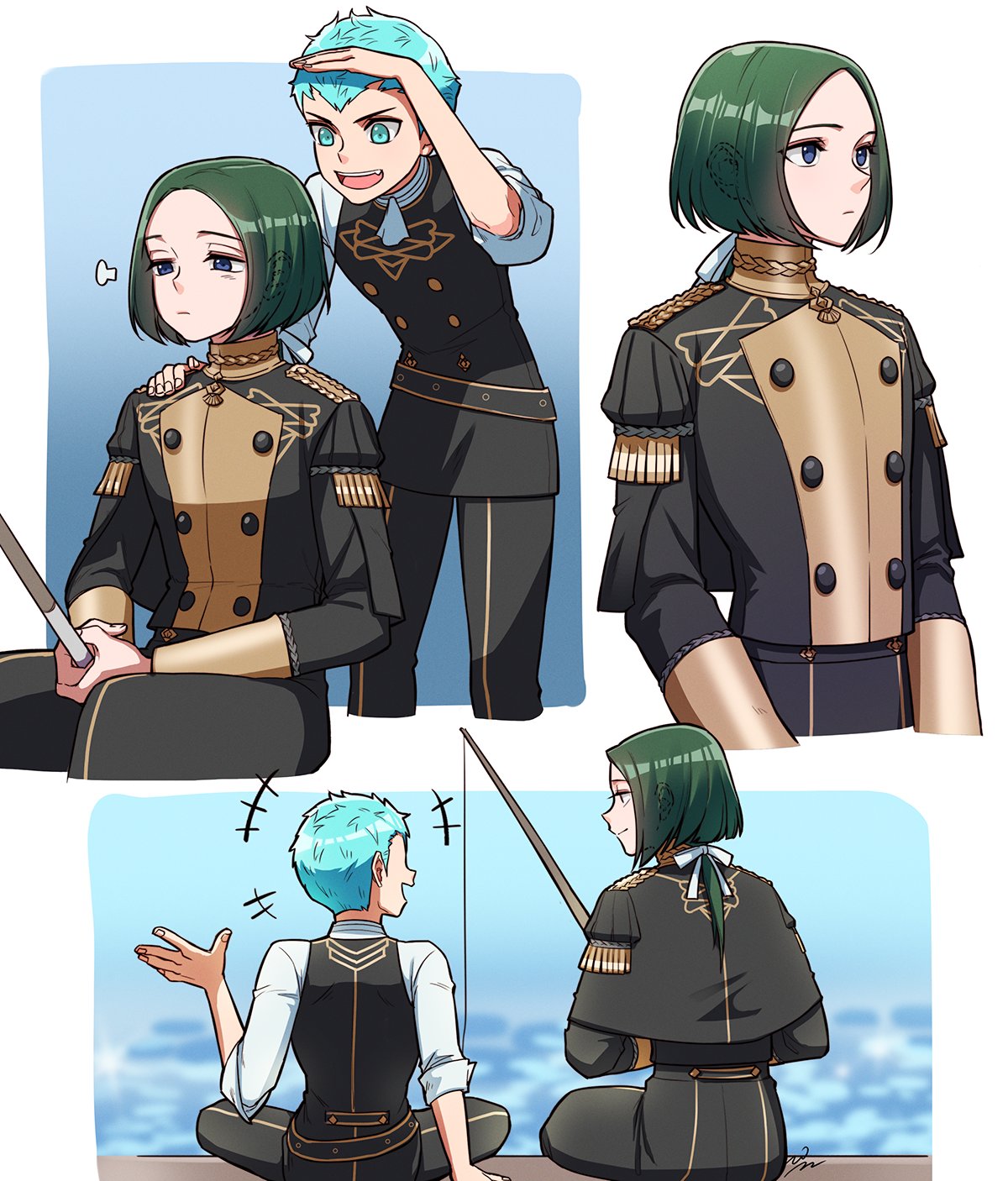 2boys blue_eyes blue_hair caspar_von_bergliez commentary_request drawingddoom ears_visible_through_hair fire_emblem fire_emblem:_three_houses fishing fishing_rod garreg_mach_monastery_uniform green_hair hand_on_another's_shoulder highres linhardt_von_hevring long_sleeves looking_at_another medium_hair multiple_boys open_mouth short_hair sitting sleeves_rolled_up talking teeth tongue upper_body