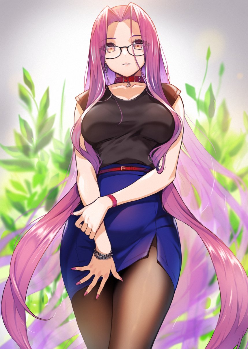 1girl bangs black_legwear black_shirt blue_skirt bracelet breasts collar commentary_request doushimasho fate/grand_order fate_(series) glasses highres jewelry large_breasts long_hair miniskirt nail_polish office_lady pantyhose parted_bangs parted_lips pencil_skirt pink_eyes plant purple_hair purple_nails red_collar rider shirt short_sleeves skirt very_long_hair