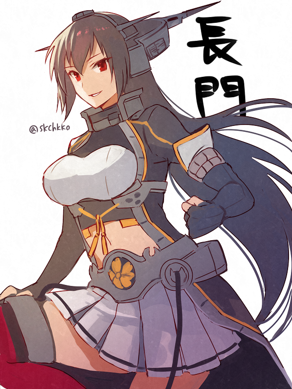 1girl black_gloves black_hair breasts cowboy_shot elbow_gloves fingerless_gloves gloves headgear kantai_collection kasumi_(skchkko) large_breasts long_hair looking_at_viewer miniskirt nagato_(kantai_collection) pleated_skirt red_eyes red_legwear remodel_(kantai_collection) simple_background skirt solo thigh-highs twitter_username white_background white_skirt