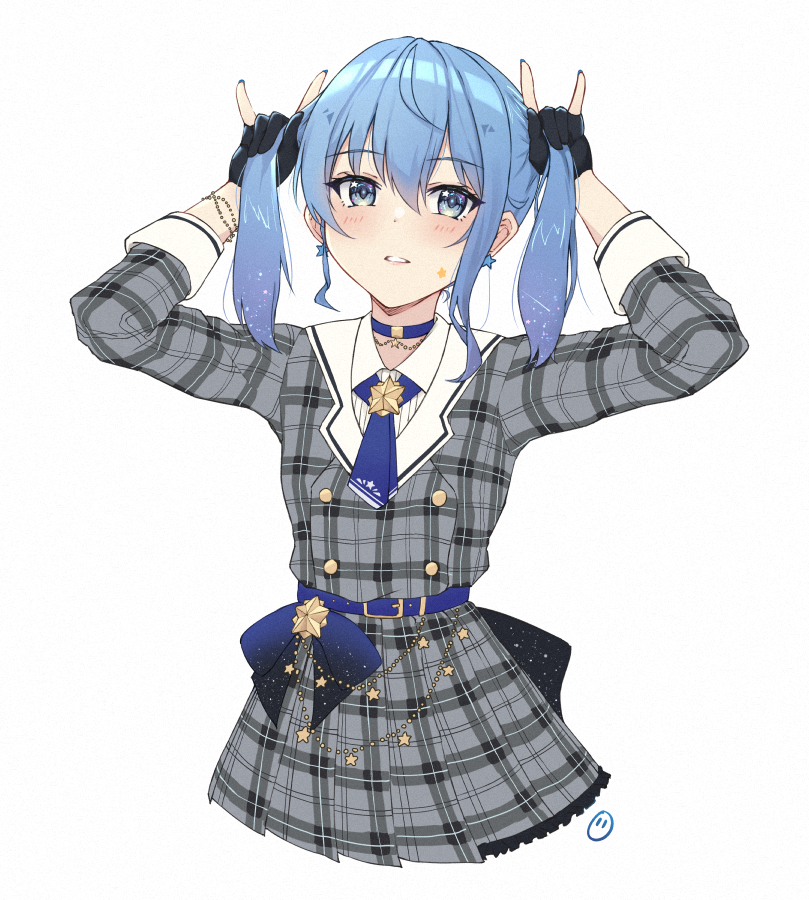 1girl ahoge black_gloves blue_choker blue_eyes blue_hair blue_neckwear blush choker envyvanity eyebrows_visible_through_hair gloves hair_between_eyes hololive hoshimachi_suisei looking_at_viewer necktie partly_fingerless_gloves plaid signature simple_background smile solo virtual_youtuber white_background