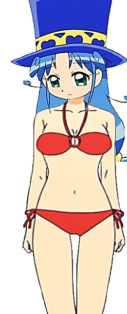 1girl absurdres alternate_breast_size alternate_costume bangs bare_legs bikini blue_hair blue_hat cosplay female fushigiboshi_no_futago_hime green_eyes halterneck hat highres legs long_hair maki_makiko maki_makiko_(cosplay) makiko_mermaid red_bikini red_swimsuit rein solo sora_to_umi_no_aida swimsuit tomboy white_background